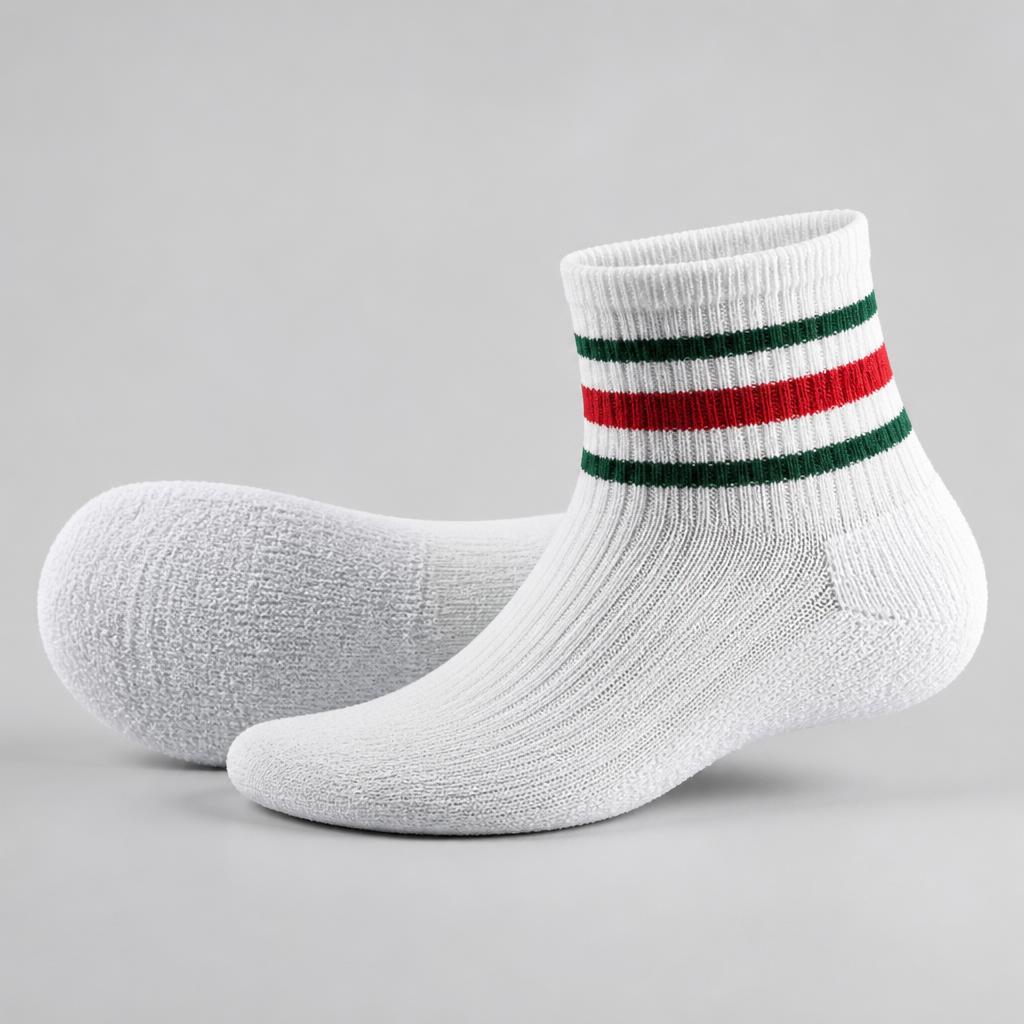 White cushioned sports ankle socks with green and red house stripes